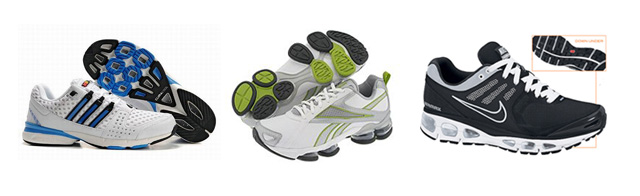 Tres zapatillas con sistemas de amortiguación superior: Adidas “ADIprene+”, Reebok "DMX" y&nbsp; Nike "Air"